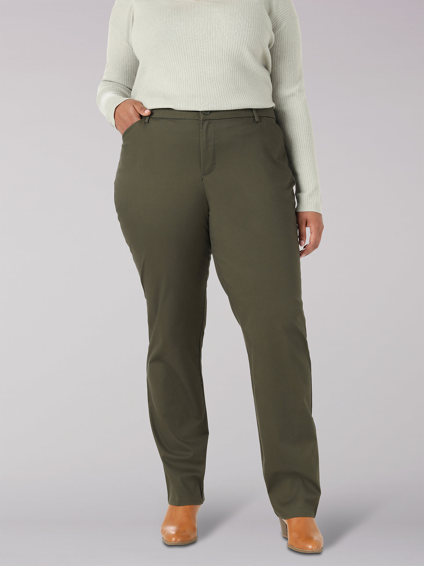 Women's Wrinkle Free Relaxed Fit Straight Leg Pant (Plus) in Frontier Olive main view