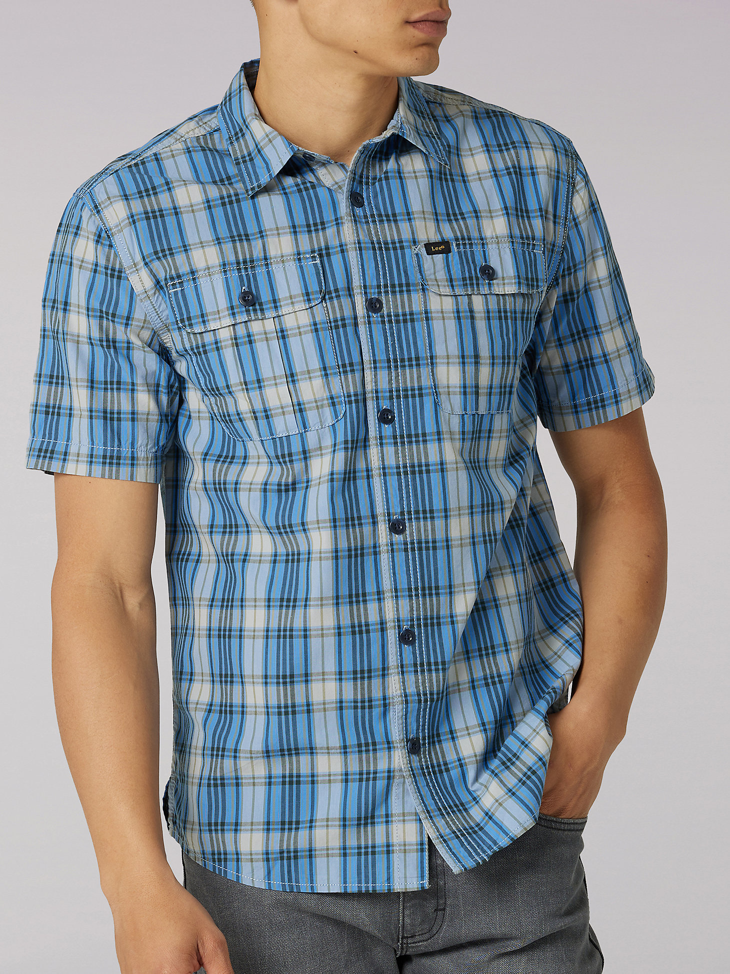 Men's Working West Button Down Short Sleeve Shirt in New Blue main view