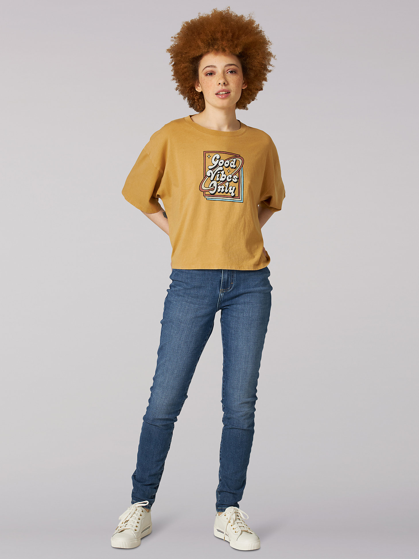 Women's Heritage Boxy Crop Good Vibes Only Graphic Tee in Pale Gold main view