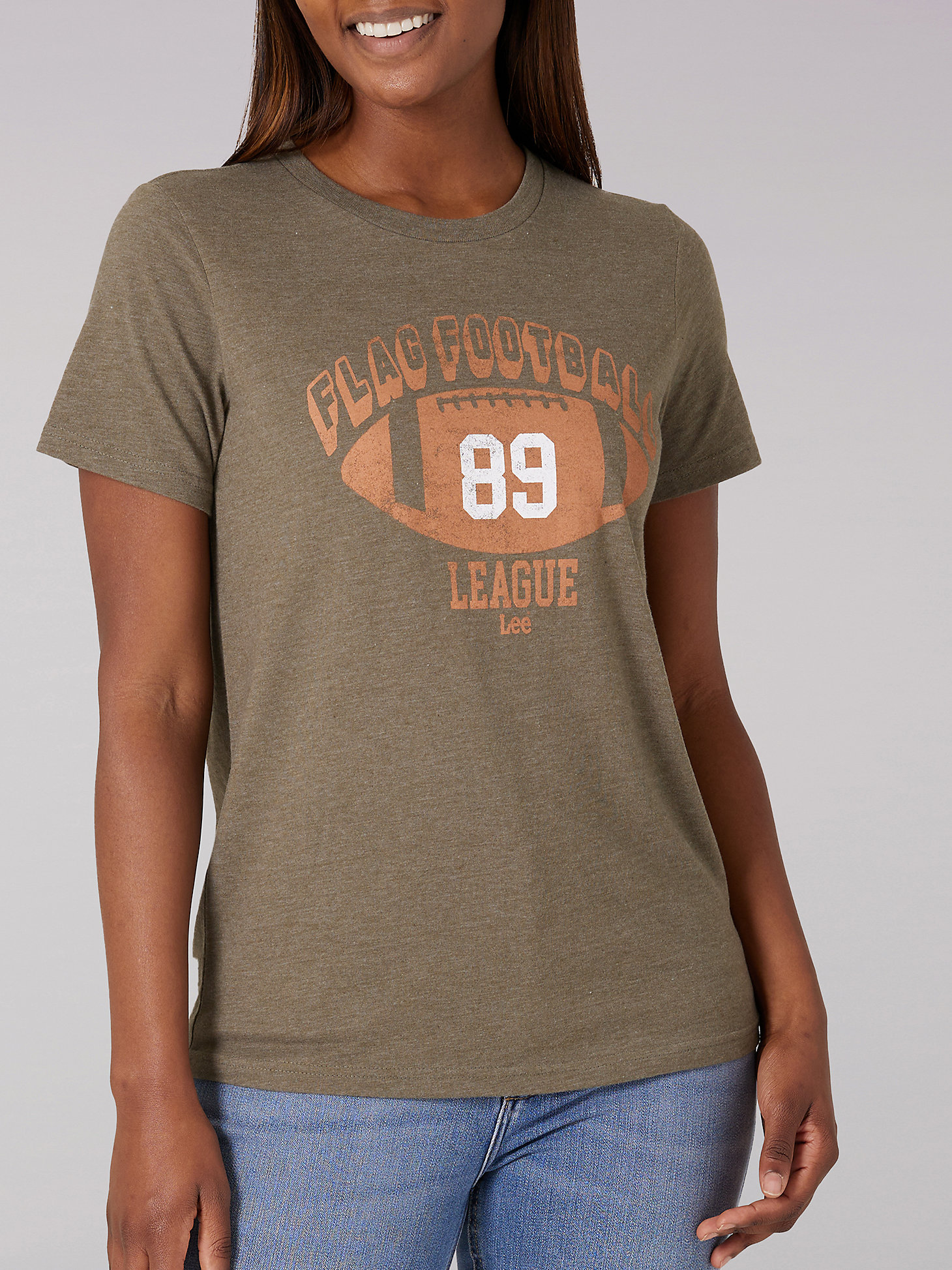 Women's Football Graphic Tee in Burnt Olive Heather main view