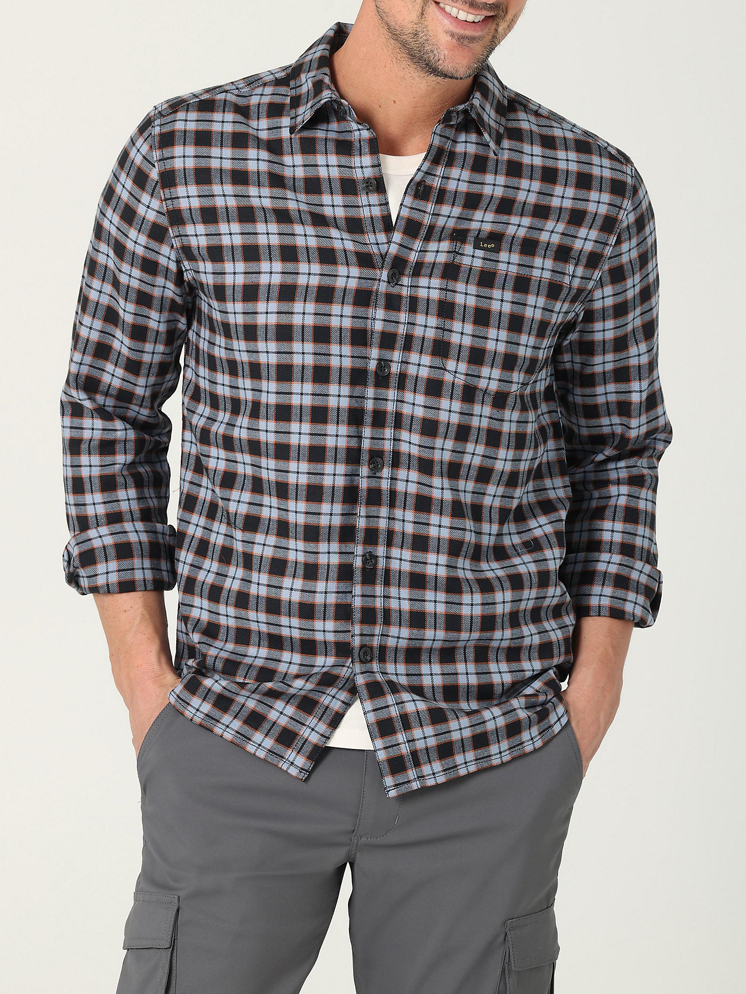 Men's Extreme Motion MVP Classic Stretch Plaid Button Down Shirt in Dreamy Black and Blue Plaid main view