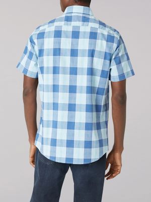 Men s Short Sleeve Peached Poplin Buffalo Plaid Shirt in Dream Blue