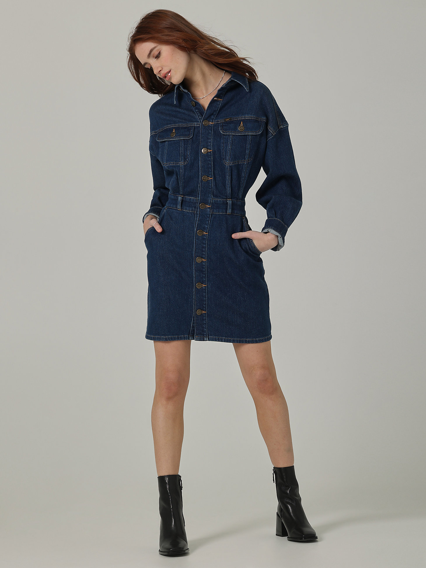 Women's Lee European Collection Dropped Shoulder Button Down Dress in Greater Blue alternative view 4