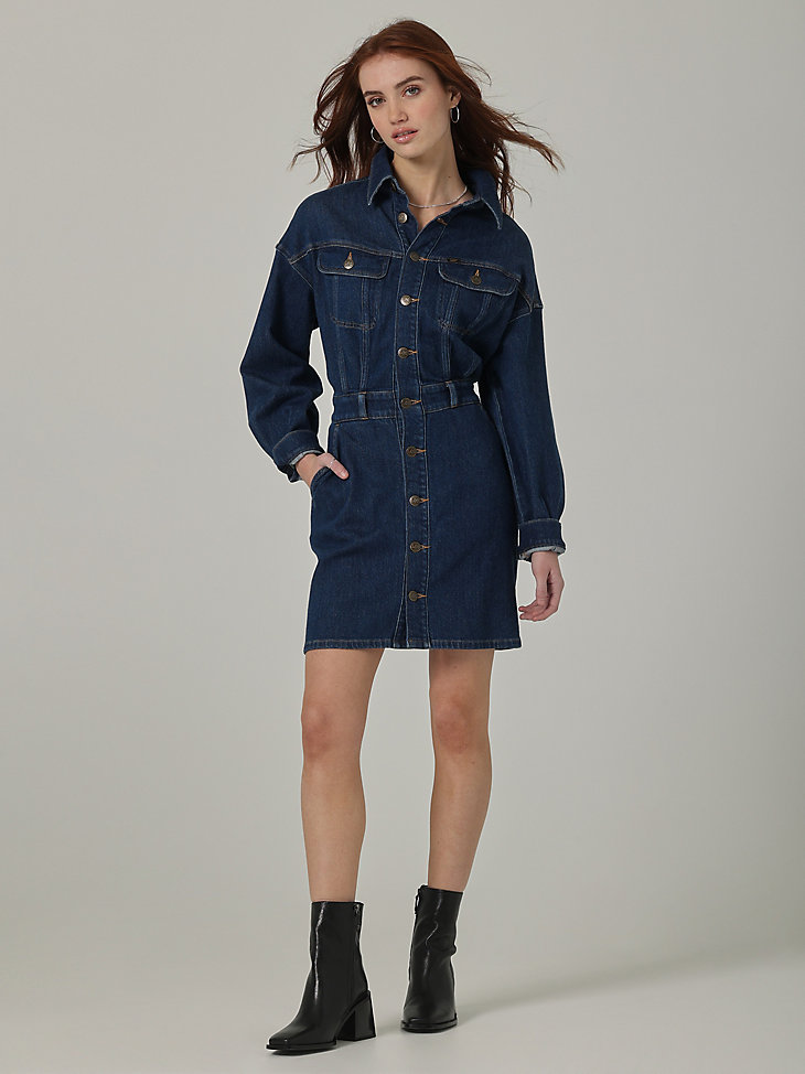Women's Lee European Collection Dropped Shoulder Button Down Dress in Greater Blue main view