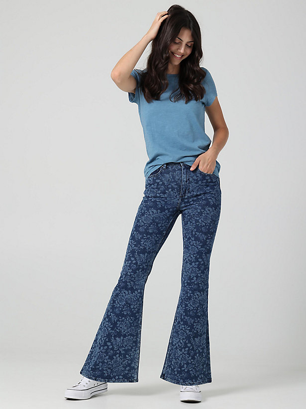 Women's Vintage Modern High Rise Flare Jean  in Floral Laser