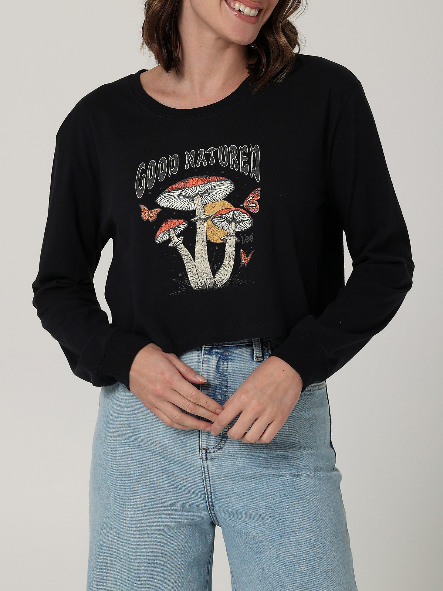 Women's Good Natured Boyfriend Crop Graphic Long Sleeve Tee in Washed Black main view