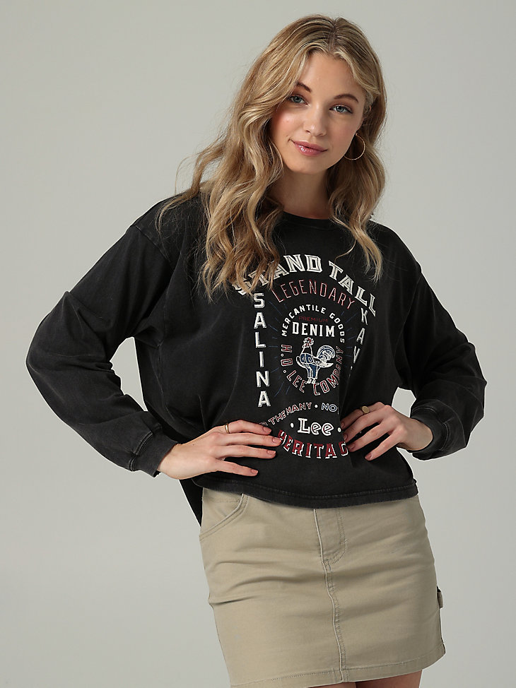 Women's Heritage Stand Tall Crop Crew Neck Graphic Long Sleeve Tee in Jet Black main view