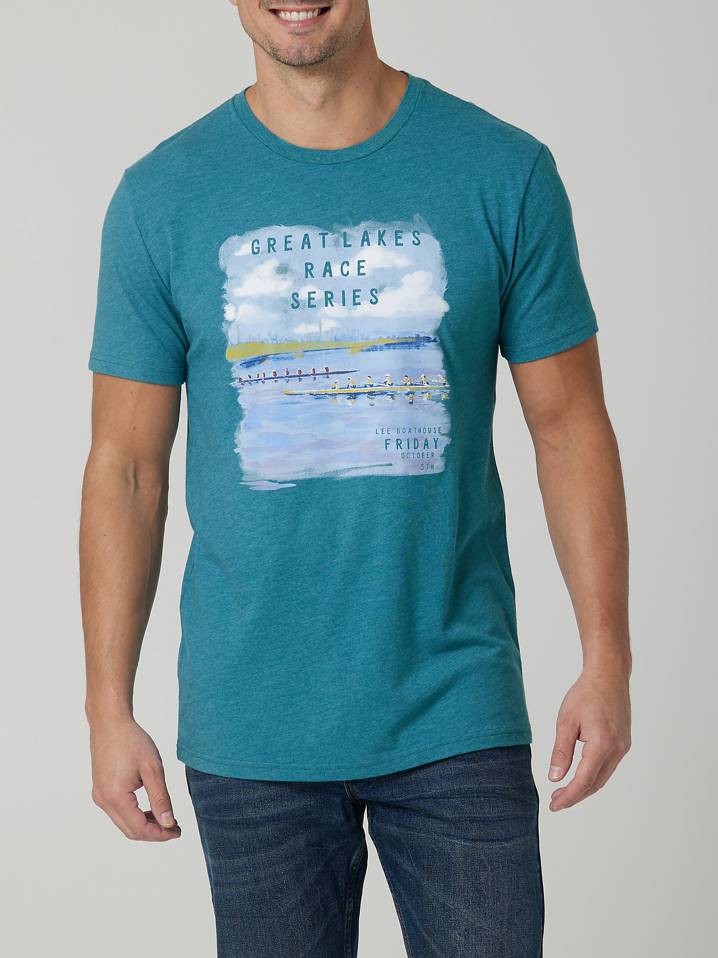 Men's Great Lakes Race Graphic Tee in Teal Heather main view
