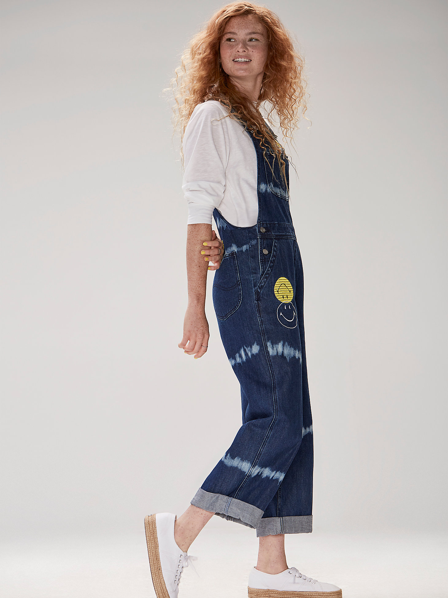 Women's Lee® X Smiley® Bleached Striped Dungaree Overall in Mid Dark Shade alternative view 1