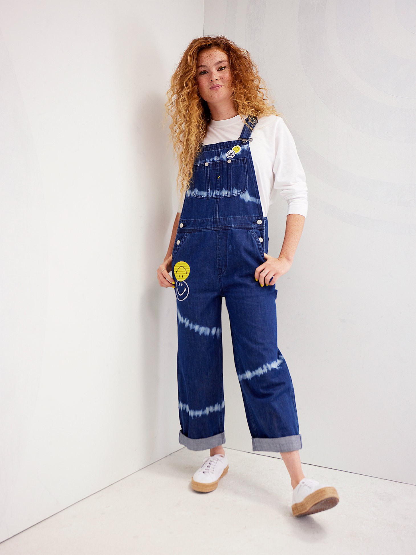 Women's Lee® X Smiley® Bleached Striped Dungaree Overall in Mid Dark Shade main view