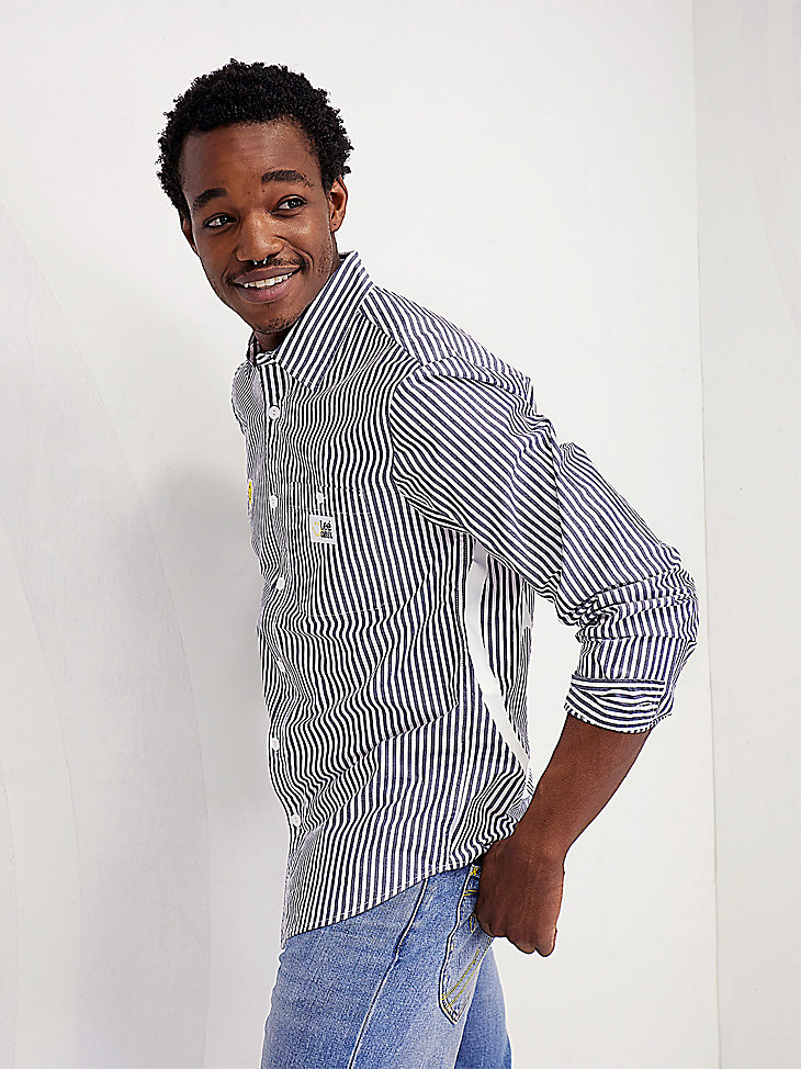 Men's Lee® X Smiley® Painted Smile Button Down Stripe Shirt in White alternative view