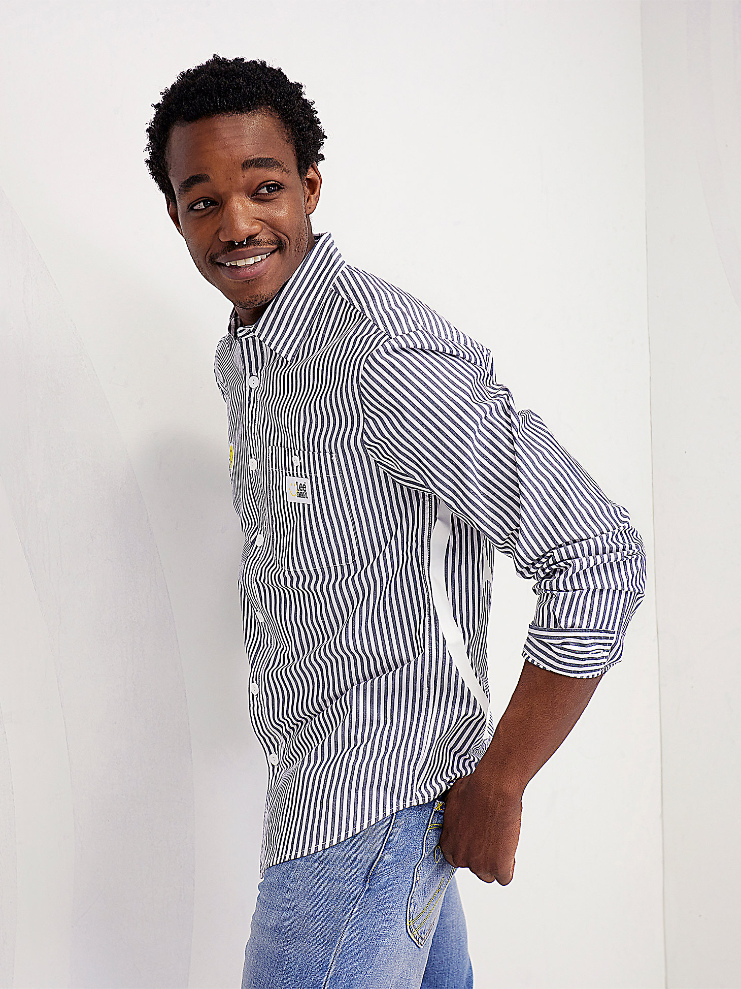 Men's Lee® X Smiley® Painted Smile Button Down Stripe Shirt in White alternative view 1