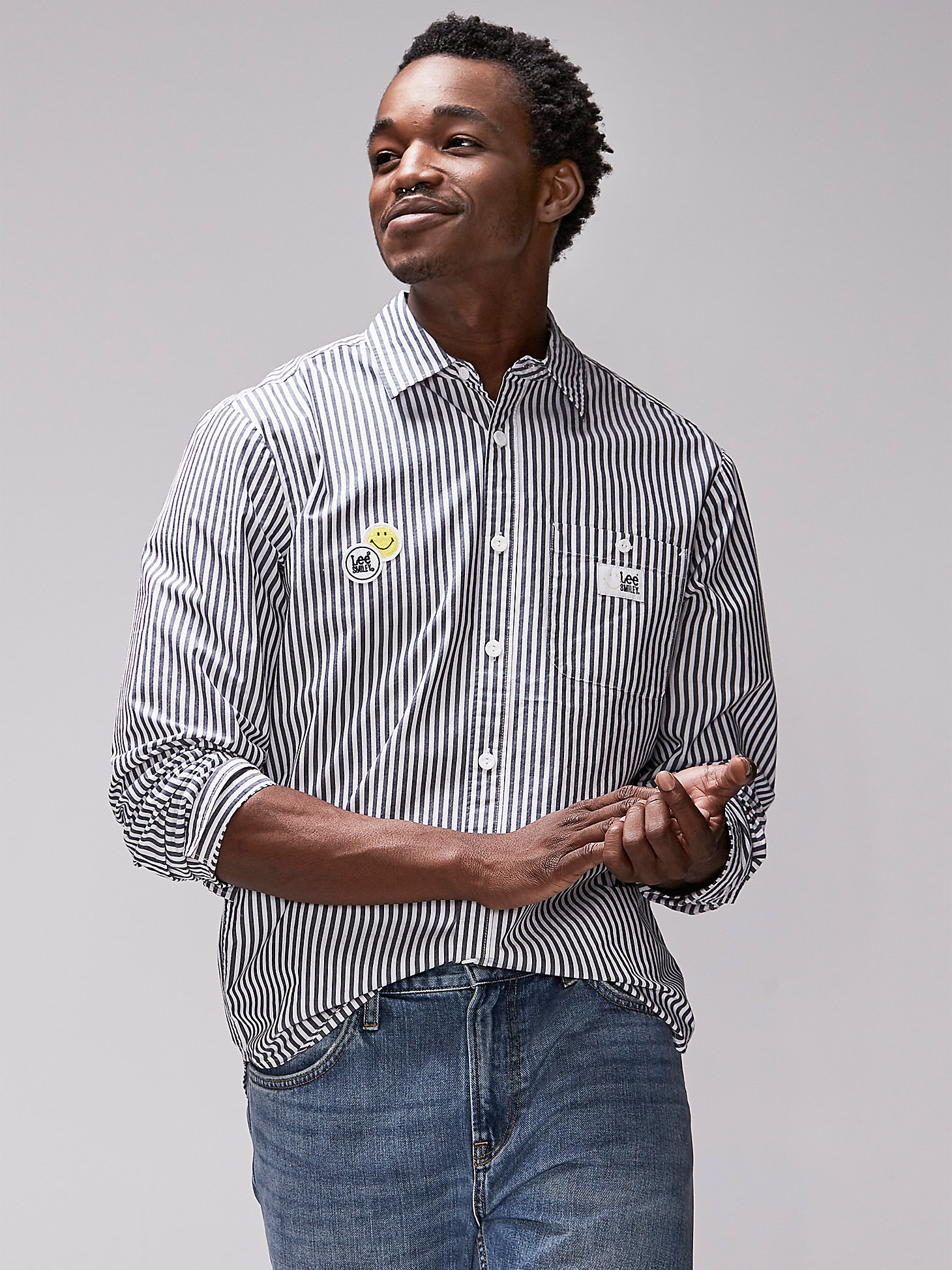 Men's Lee® X Smiley® Painted Smile Button Down Stripe Shirt in White alternative view 2