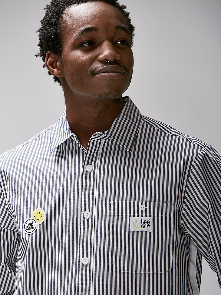 Men's Lee® X Smiley® Painted Smile Button Down Stripe Shirt in White alternative view 3