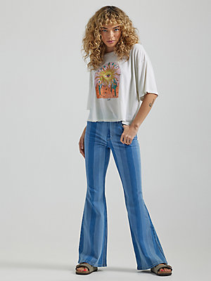 Women's High Rise Striped Flare Jean in Hits of Blue