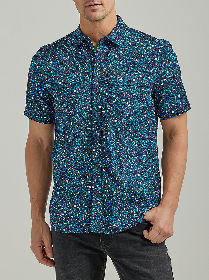 Men's Extreme Motion Short Sleeve Floral Worker Shirt in Rivet Navy Floral Print main view