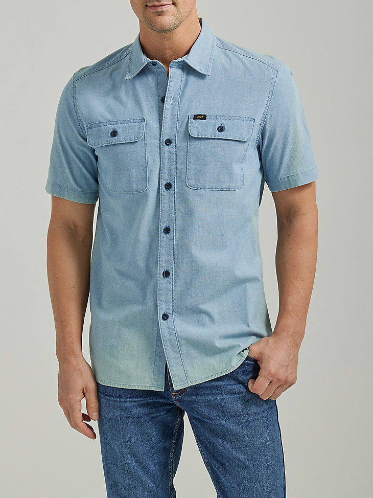 Men's Extreme Motion Short Sleeve Worker Shirt in Light Wash Chambray main view