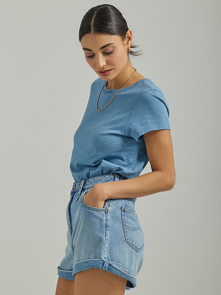 Women's High Rise Pleated Denim Short in Frosted Blue alternative view 3