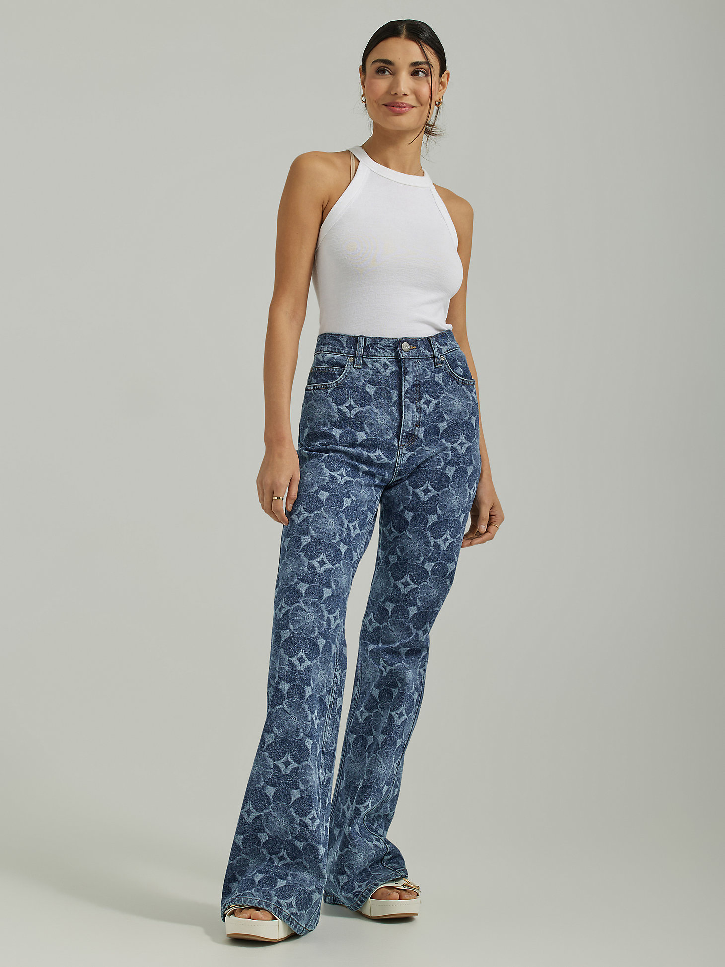 Women's High Rise Lasered Relaxed Flare Jean in Laser Floral main view
