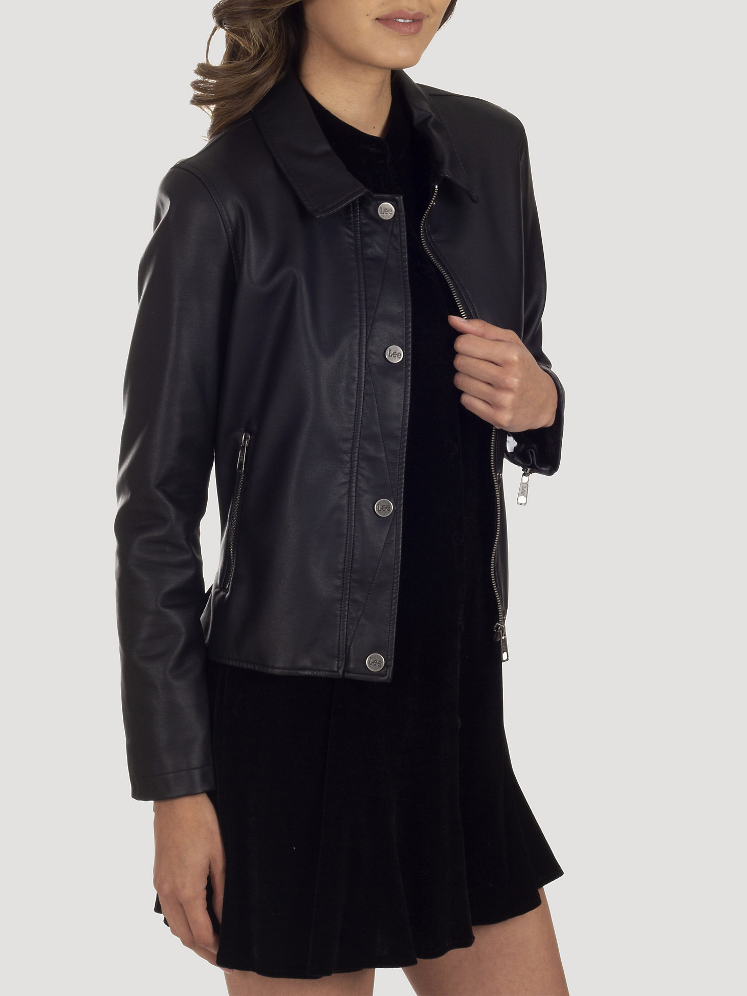 Women's Classic Zip Up Faux Leather Jacket in Black alternative view 2