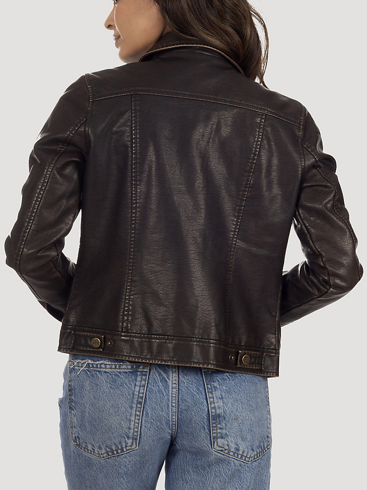 Women's Classic Trucker Faux Leather Jacket in Dark Brown alternative view