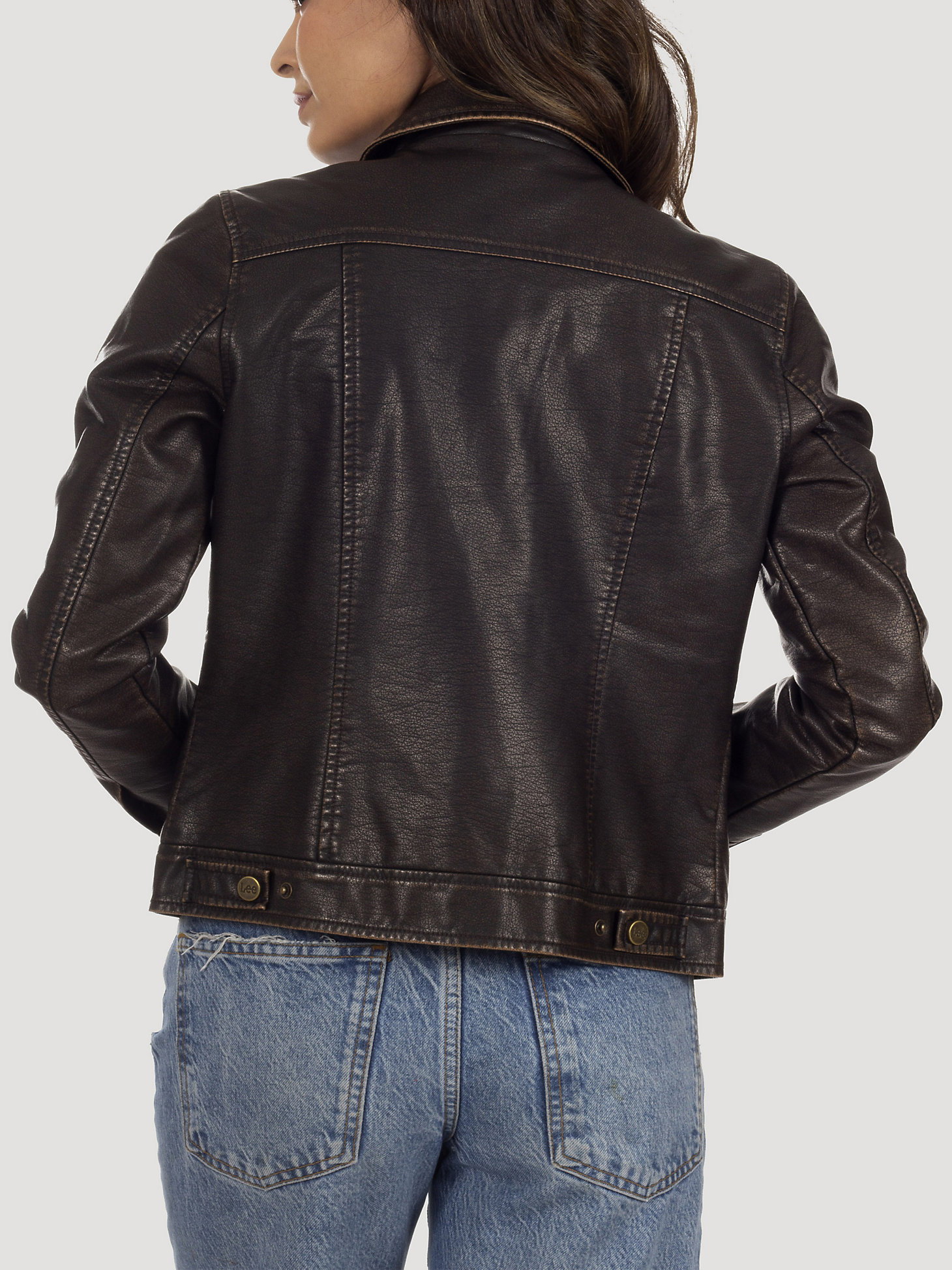 Women's Classic Trucker Faux Leather Jacket in Dark Brown alternative view 1