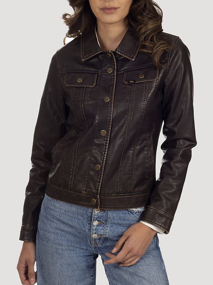 Women's Classic Trucker Faux Leather Jacket in Dark Brown main view