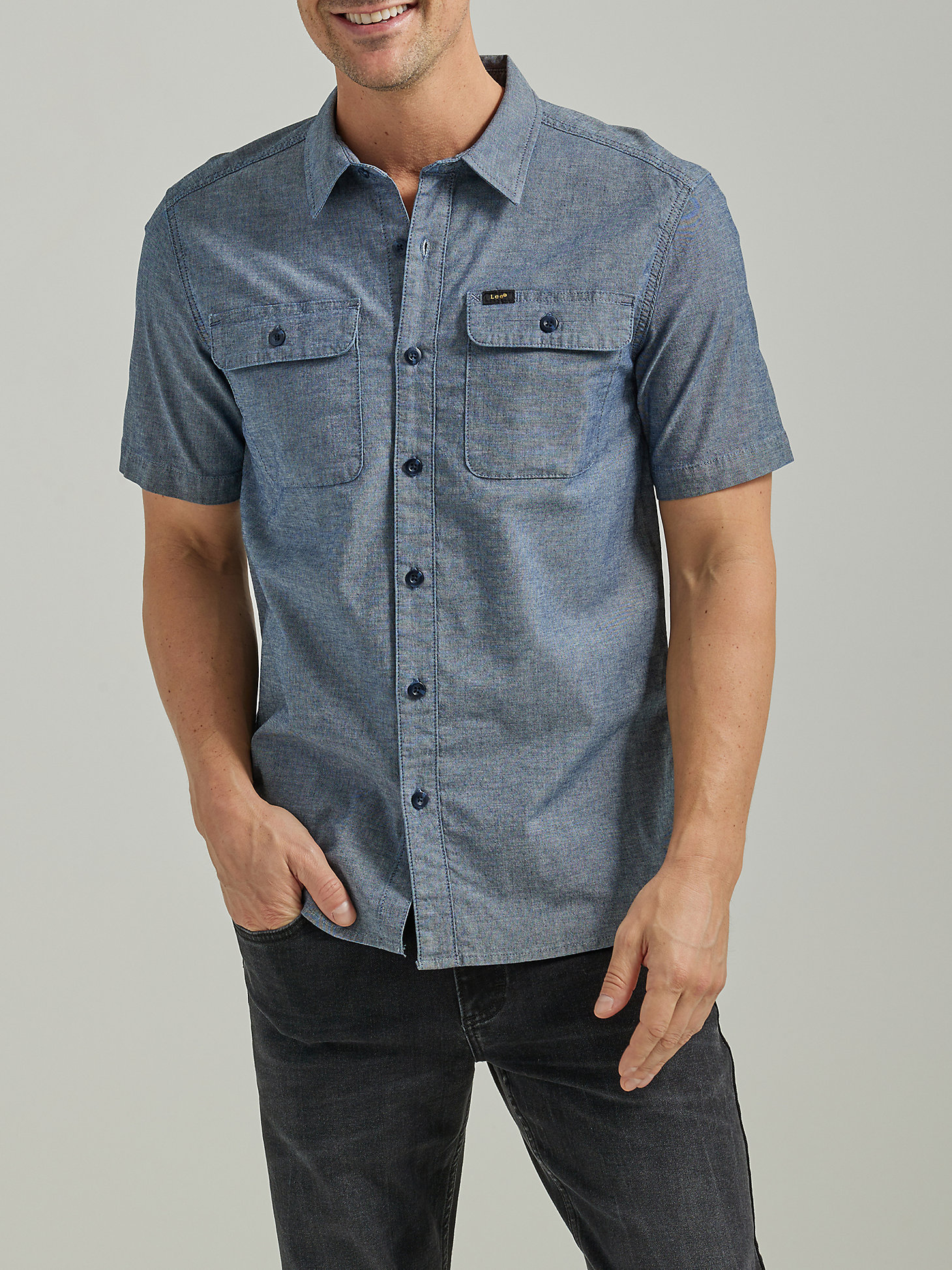 Men's Extreme Motion Short Sleeve Worker Shirt in Mid Wash Chambray main view