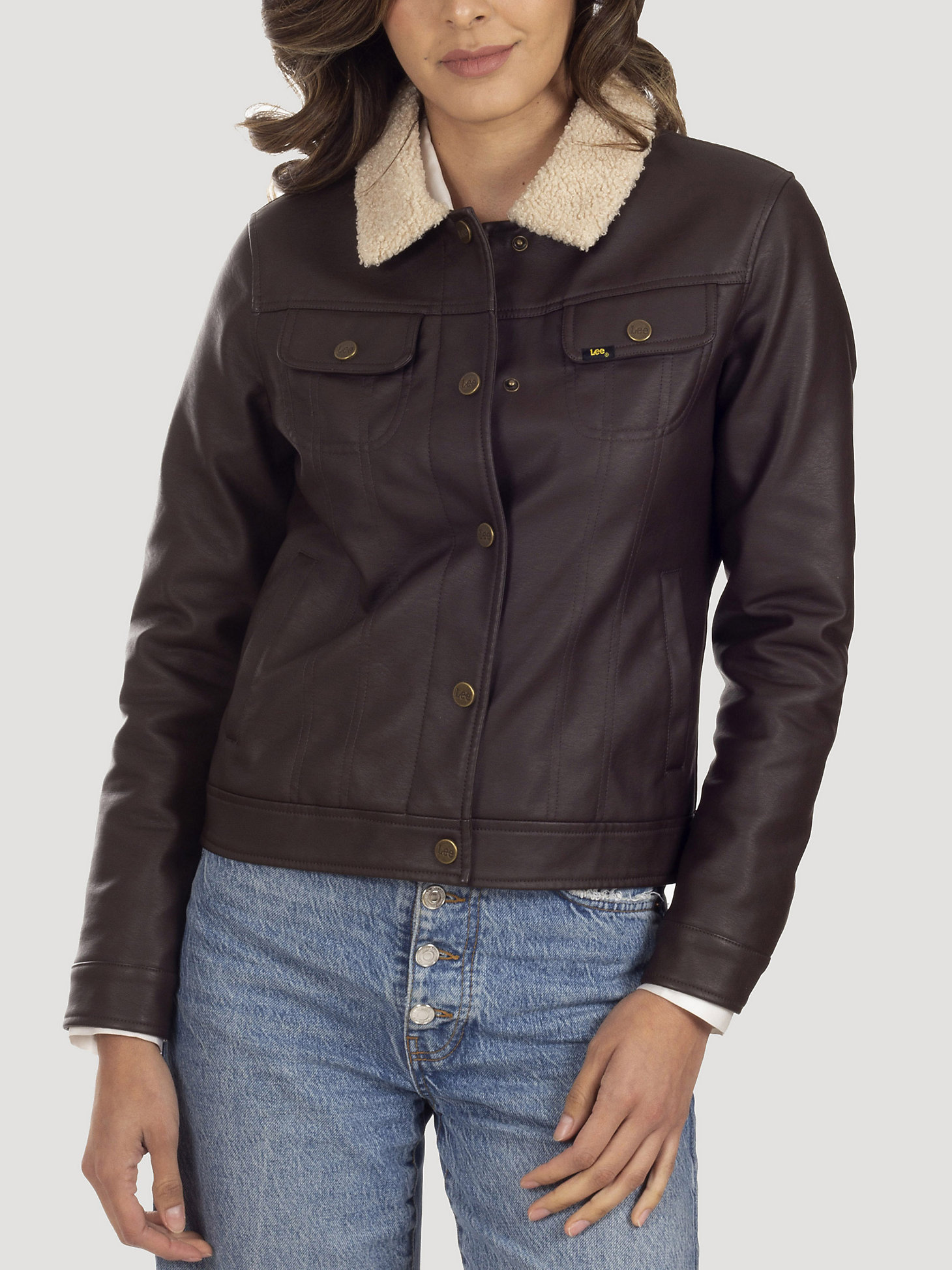 Women's Sherpa Collared Faux Leather Jacket  in Dark Brown alternative view 2
