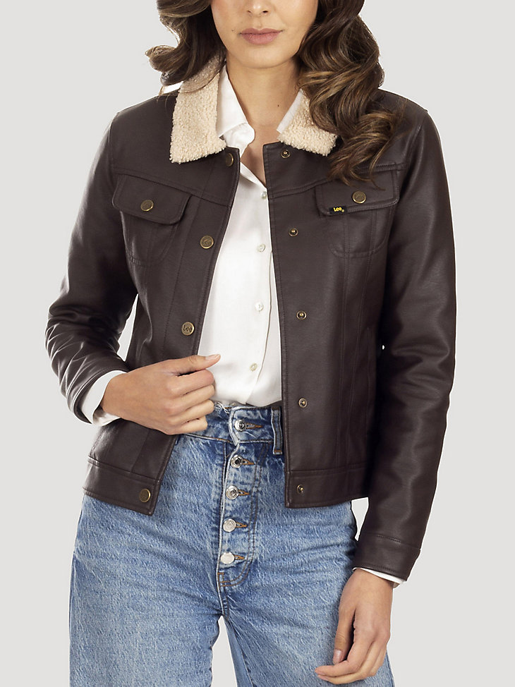 Women's Sherpa Collared Faux Leather Jacket  in Dark Brown main view