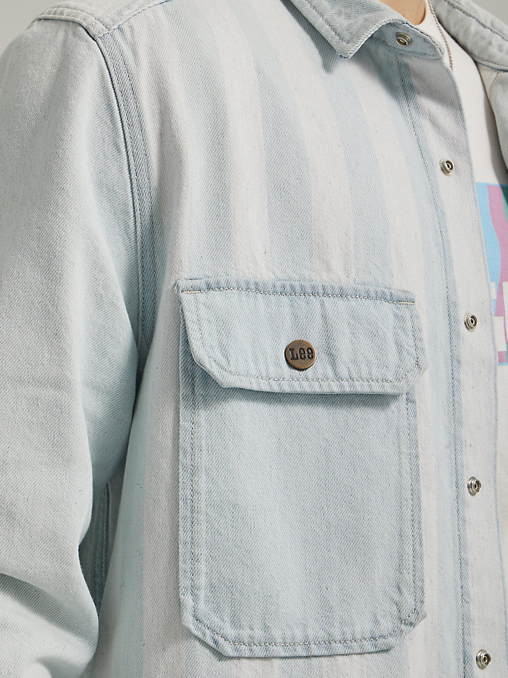Men's Workwear Relaxed Fit Flap Pocket Denim Overshirt in Stripe Mix alternative view 4