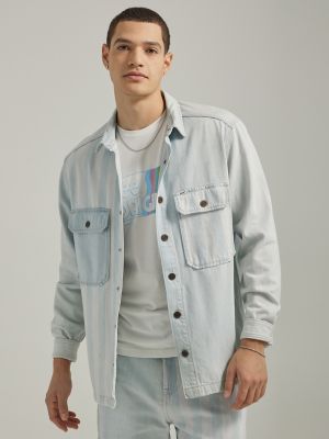 Men's Workwear Relaxed Fit Flap Pocket Denim Overshirt in Stripe Mix