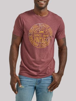 Men's Vintage Quality Denim Graphic Tee in Burgundy