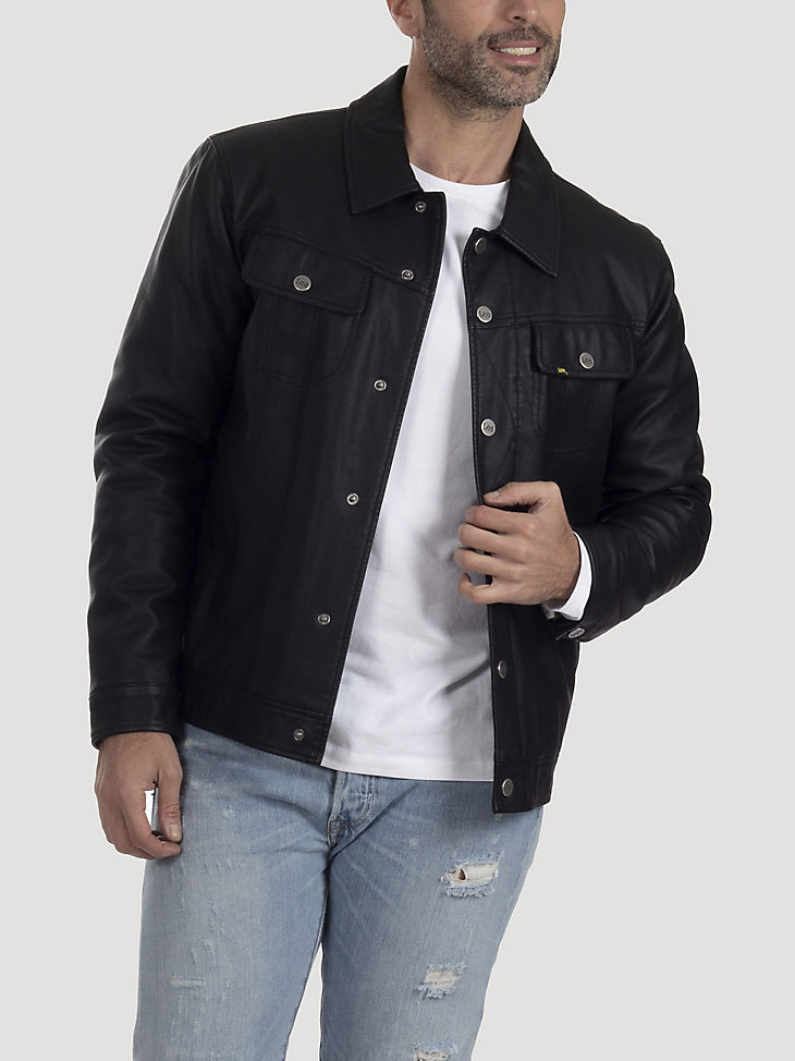 Men's Faux Leather Historic Trucker Jacket in Black main view