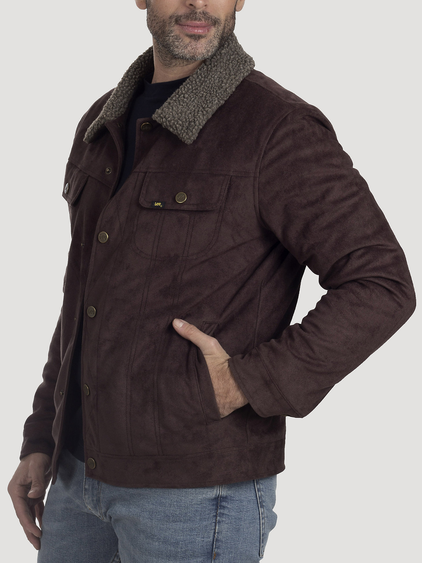Men's Faux Leather Historic Vintage Sherpa Lined Jacket in Dark Brown alternative view 2