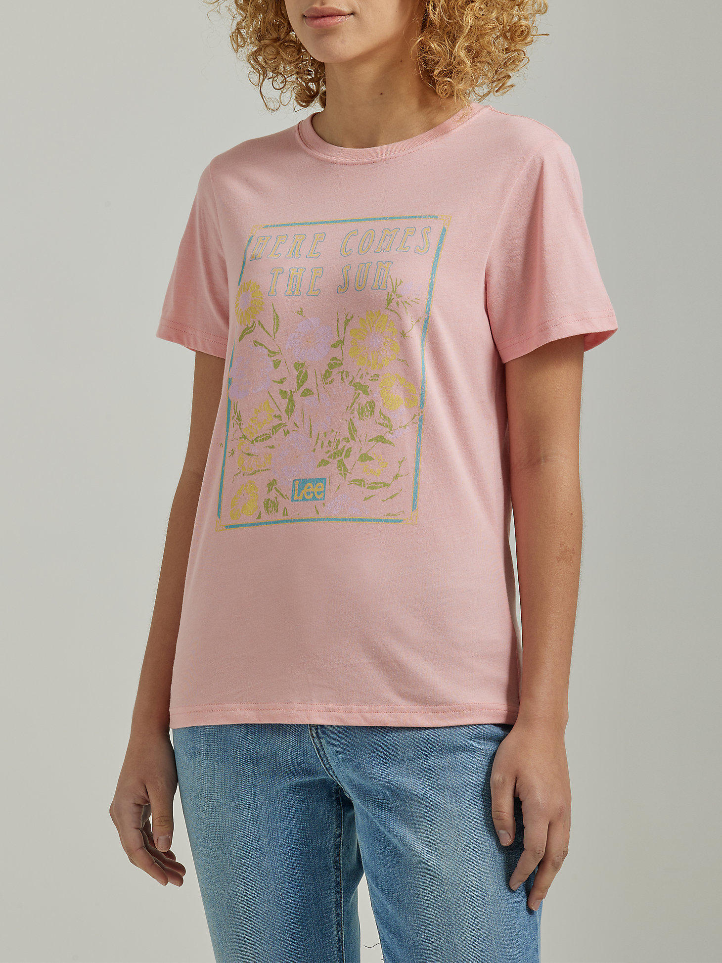 Women's Slim Fit Sun Flowers Graphic Tee in Pink Icing main view
