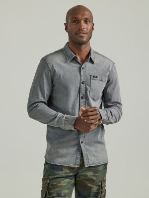 Denim button up mens sale