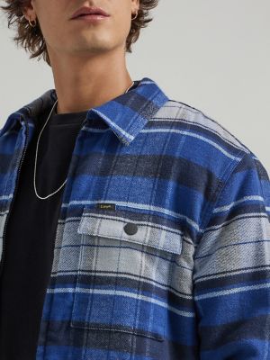 Men's Sherpa Lined Flannel Overshirt in Navy Stratos Plaid