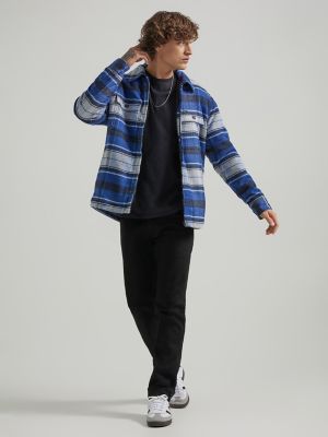 Men's Sherpa Lined Flannel Overshirt in Navy Stratos Plaid