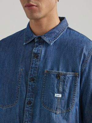 Men's Very Loose Fit Denim Overshirt in Mid Wash