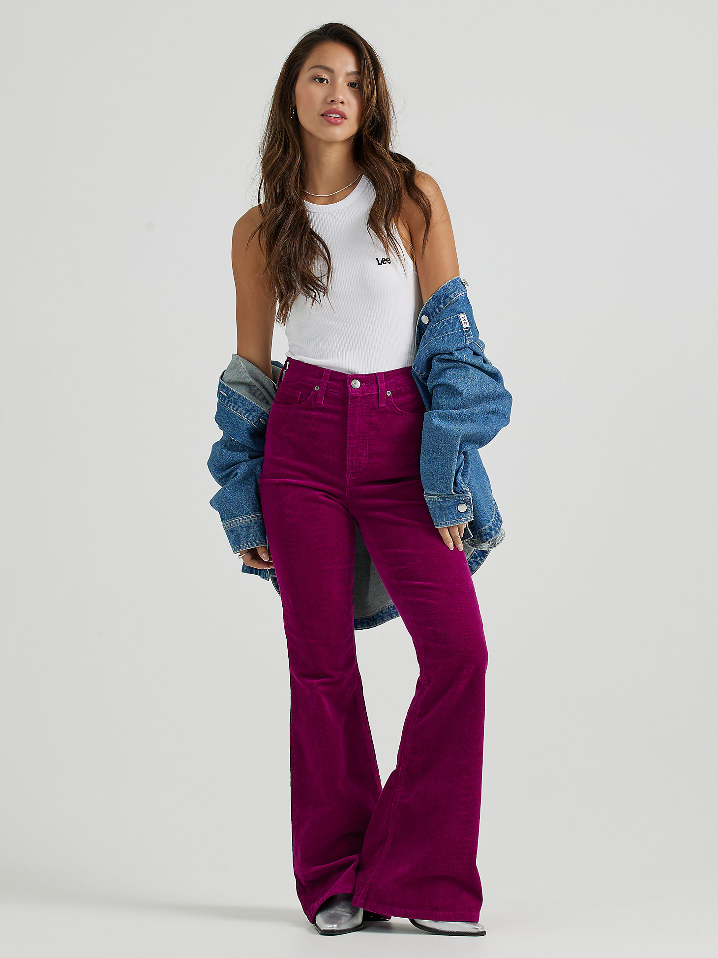 Women's High Rise Corduroy Flare Jean in Foxy Violet main view