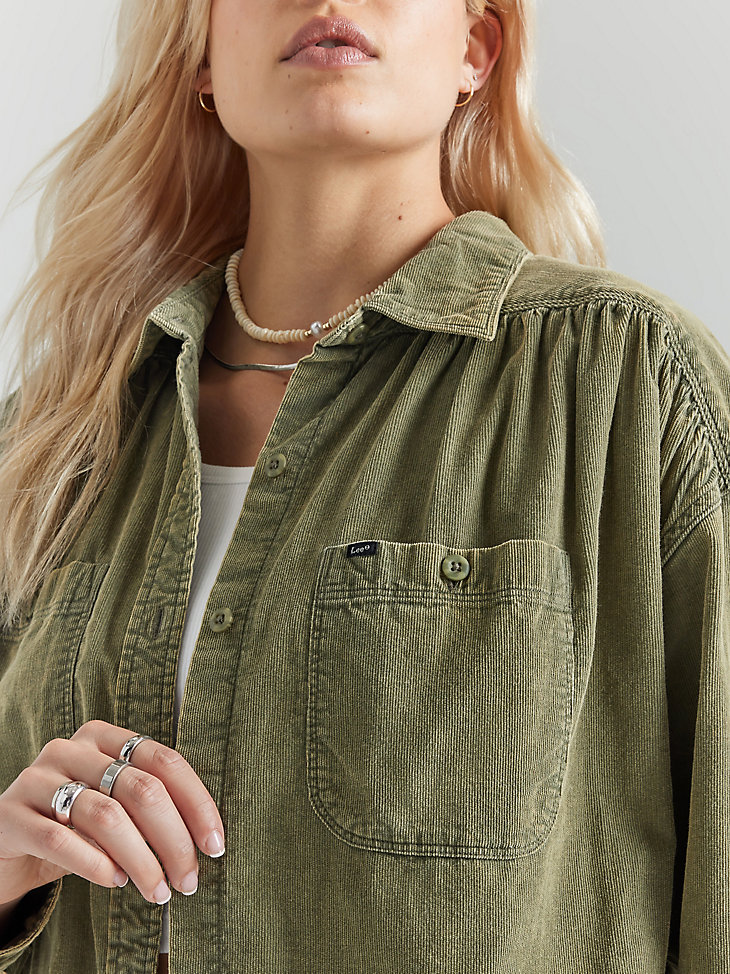 Women's Frontier Shirred Corduroy Button Down Shirt in Olive Grove alternative view