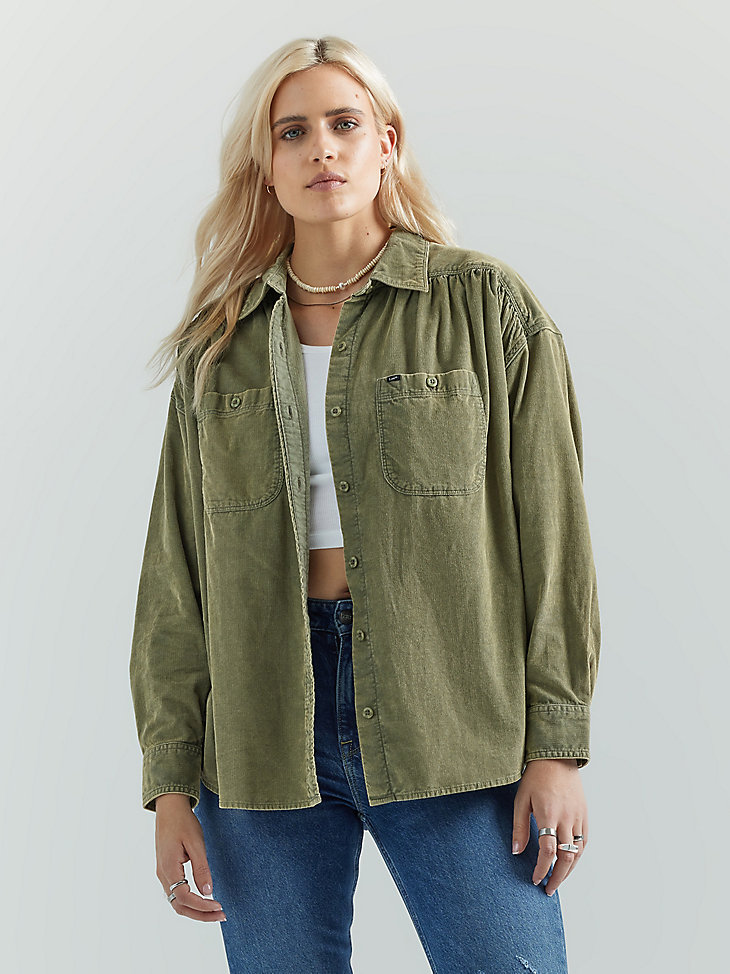 Women's Frontier Shirred Corduroy Button Down Shirt in Olive Grove alternative view 3