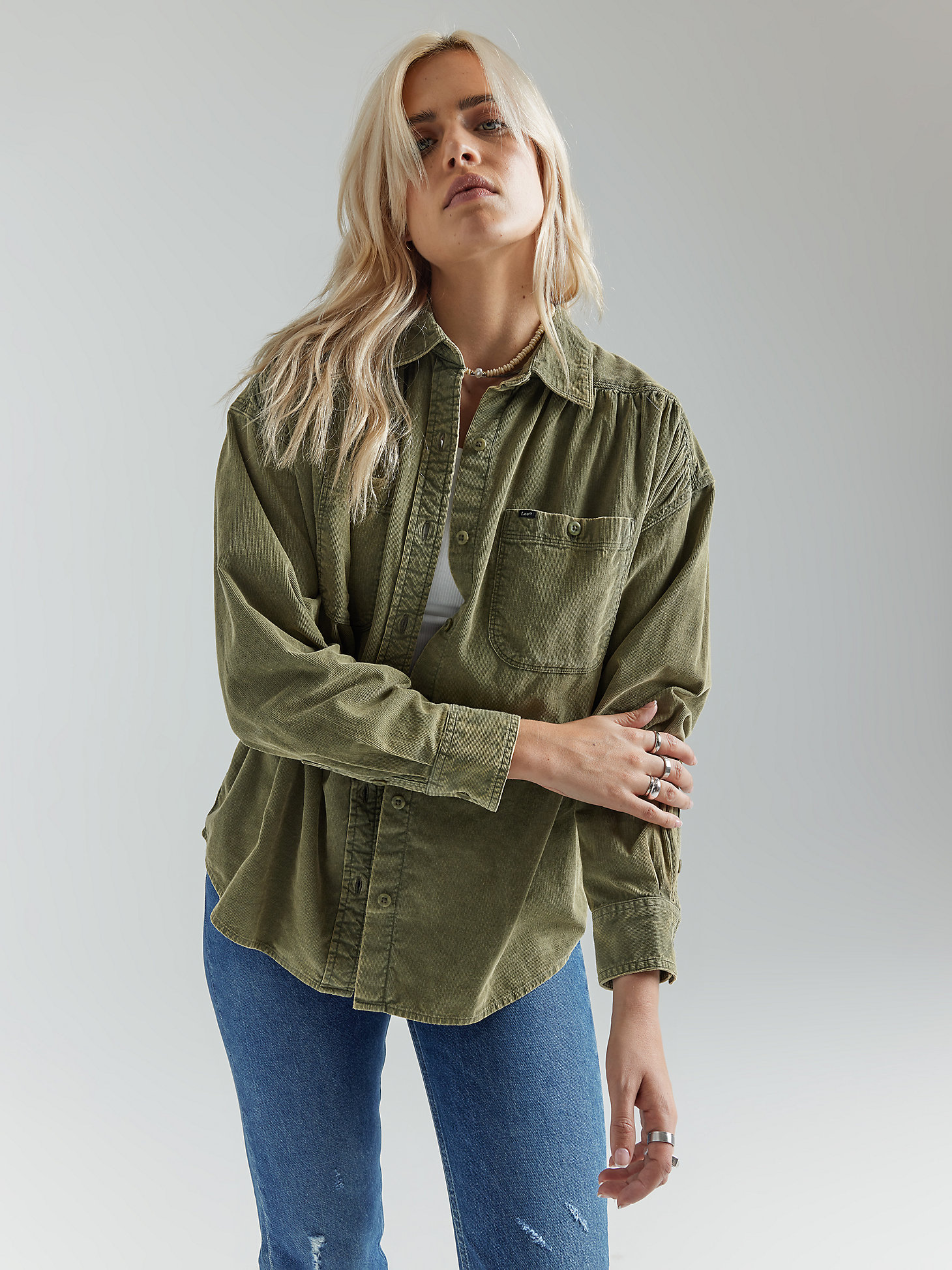 Women's Frontier Shirred Corduroy Button Down Shirt in Olive Grove alternative view 4