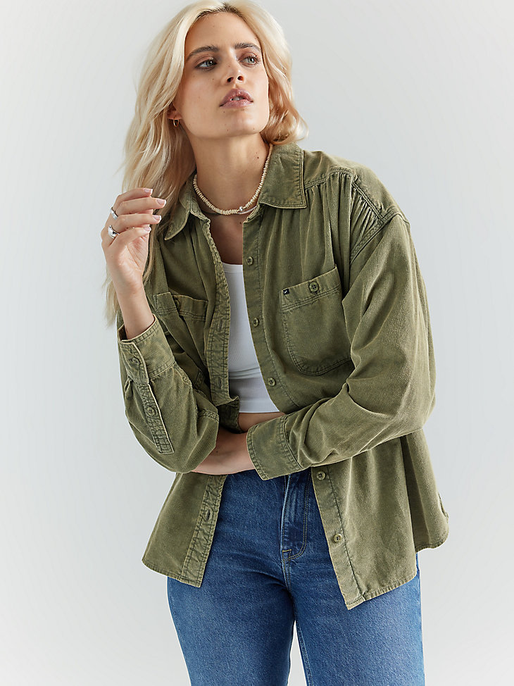 Women's Frontier Shirred Corduroy Button Down Shirt in Olive Grove main view