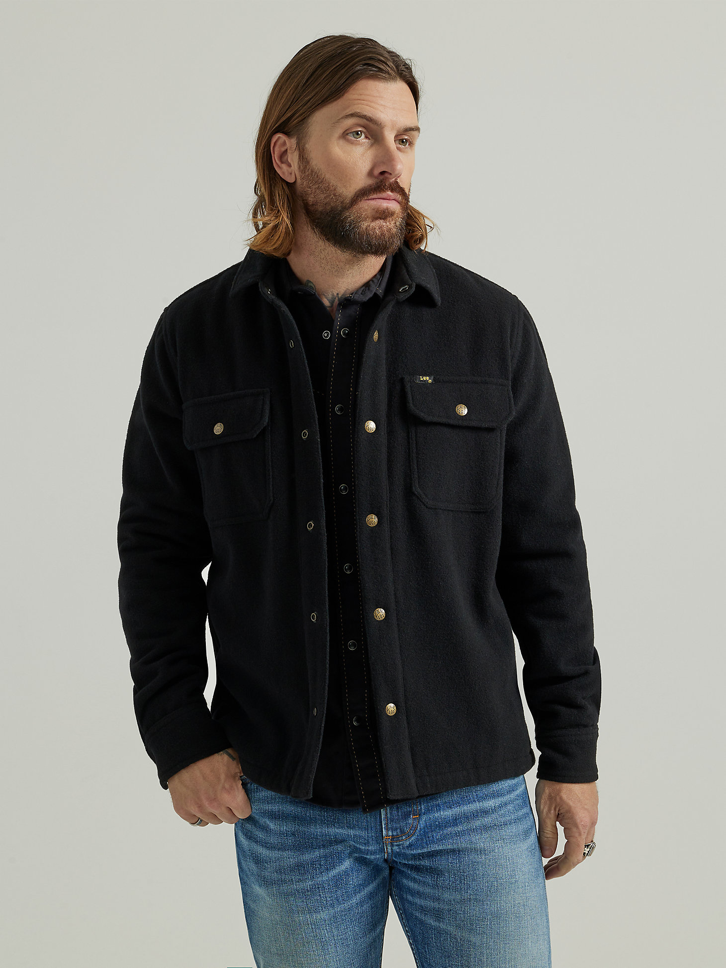 Men's Lee 101 Wool Overshirt in Washed Black main view