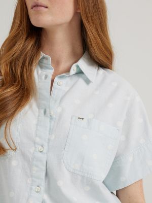 Women's Short Sleeve Polka Dot Utility Shirt in Pale Blue Dot Print alternative view 3
