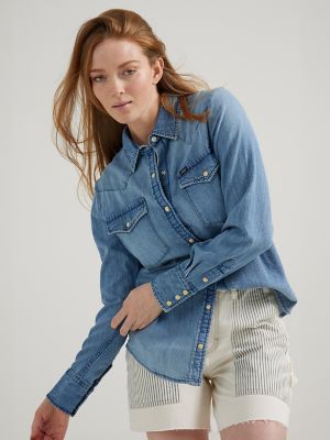 Women's Western Denim Snap Shirt in Mt Range main view