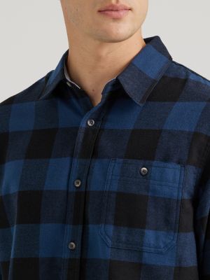 Men's Flannel One-Pocket Plaid Shirt in Blue Denim