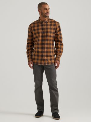 Men's Poplin Long Sleeve Plaid Shirt in Tobacco